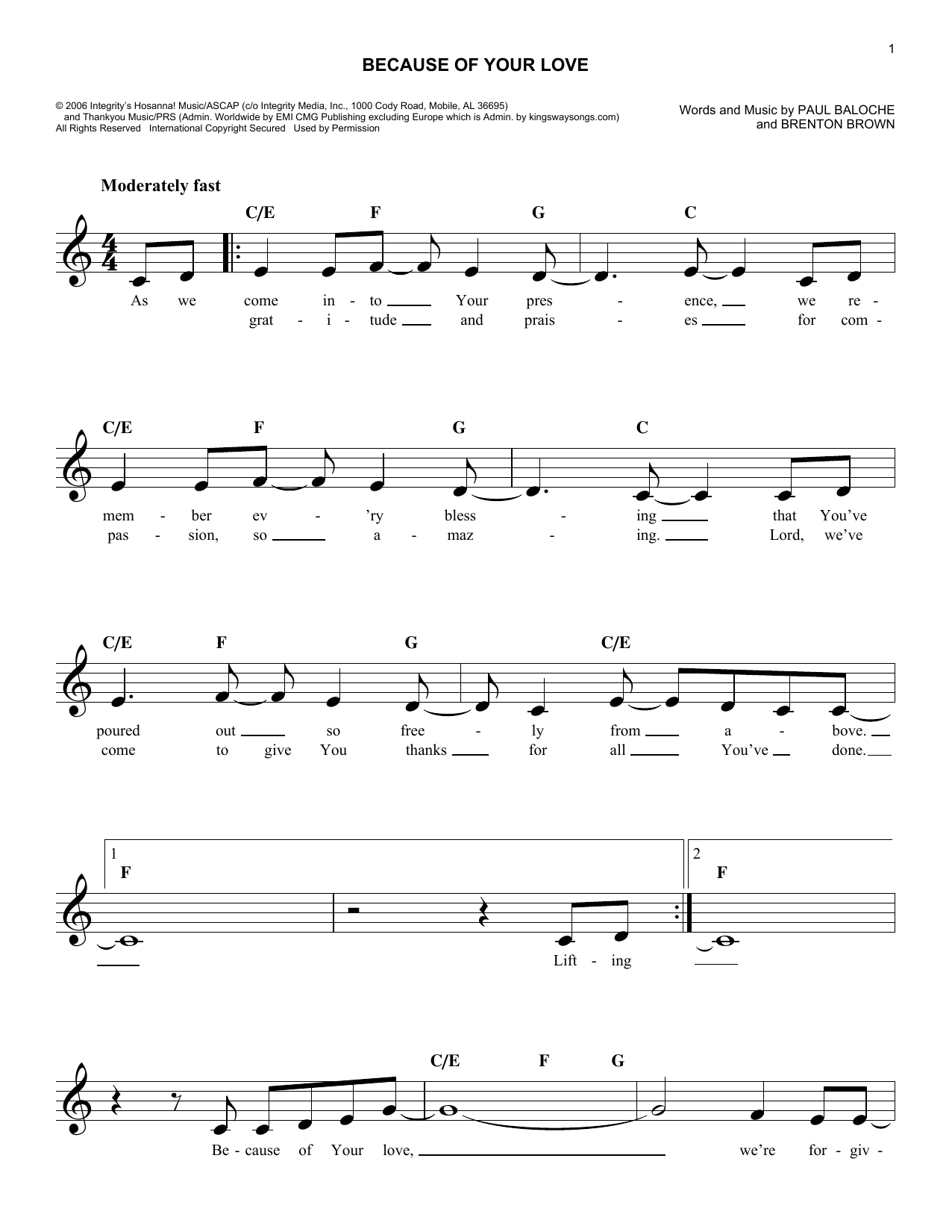 Brenton Brown Because Of Your Love Sheet Music Notes & Chords for Melody Line, Lyrics & Chords - Download or Print PDF