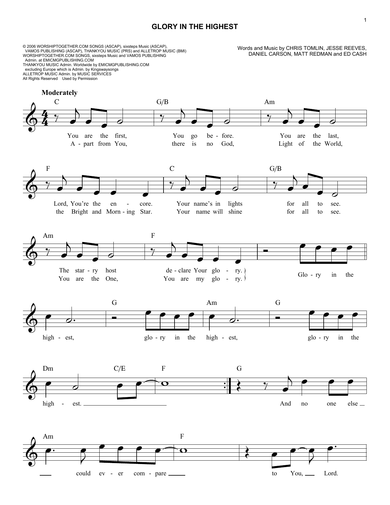 Brenton Brown Glory In The Highest Sheet Music Notes & Chords for Melody Line, Lyrics & Chords - Download or Print PDF
