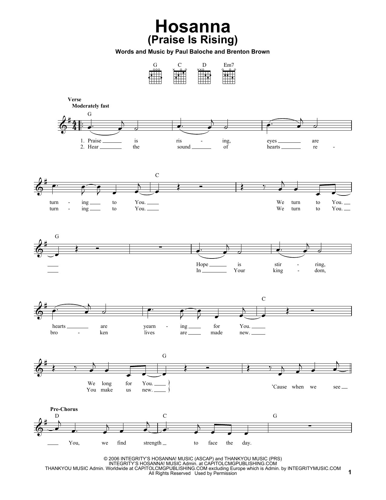 Brenton Brown Hosanna (Praise Is Rising) Sheet Music Notes & Chords for Easy Guitar - Download or Print PDF