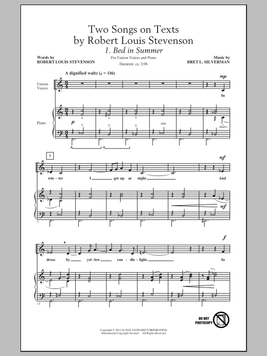 Bret L. Silverman Two Songs On Texts By Robert Louis Stevenson Sheet Music Notes & Chords for Unison Choral - Download or Print PDF