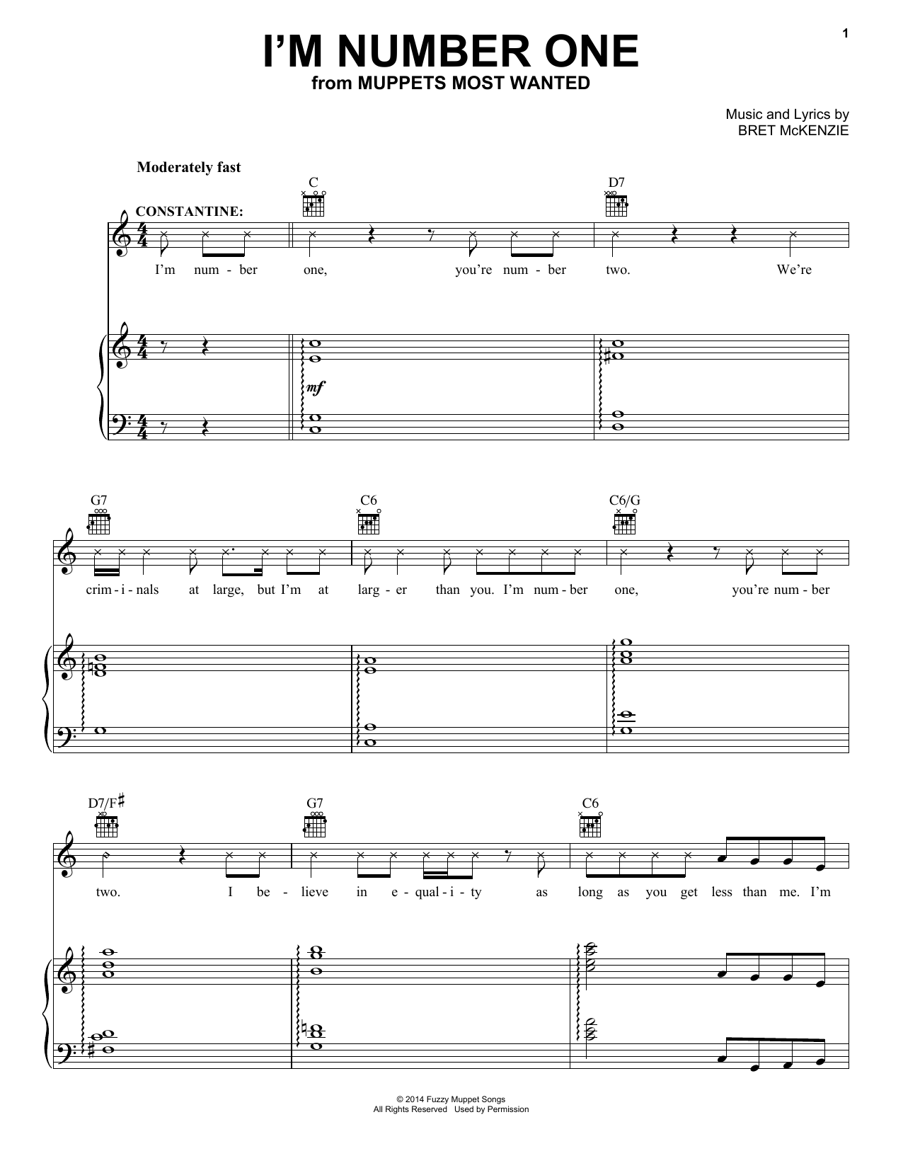 Bret McKenzie I'm Number One Sheet Music Notes & Chords for Piano, Vocal & Guitar (Right-Hand Melody) - Download or Print PDF