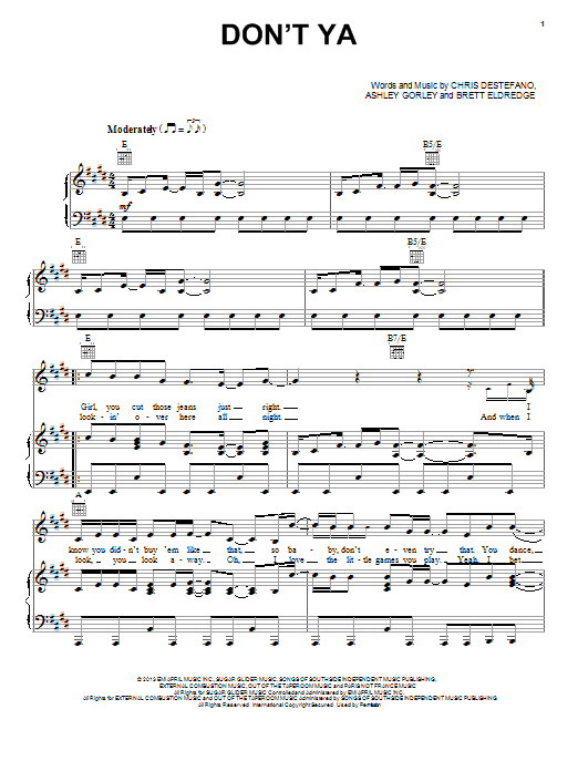 Brett Eldredge Don't Ya Sheet Music Notes & Chords for Piano, Vocal & Guitar (Right-Hand Melody) - Download or Print PDF