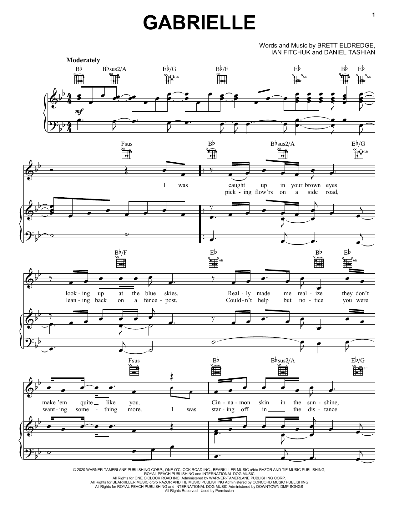 Brett Eldredge Gabrielle Sheet Music Notes & Chords for Piano, Vocal & Guitar (Right-Hand Melody) - Download or Print PDF