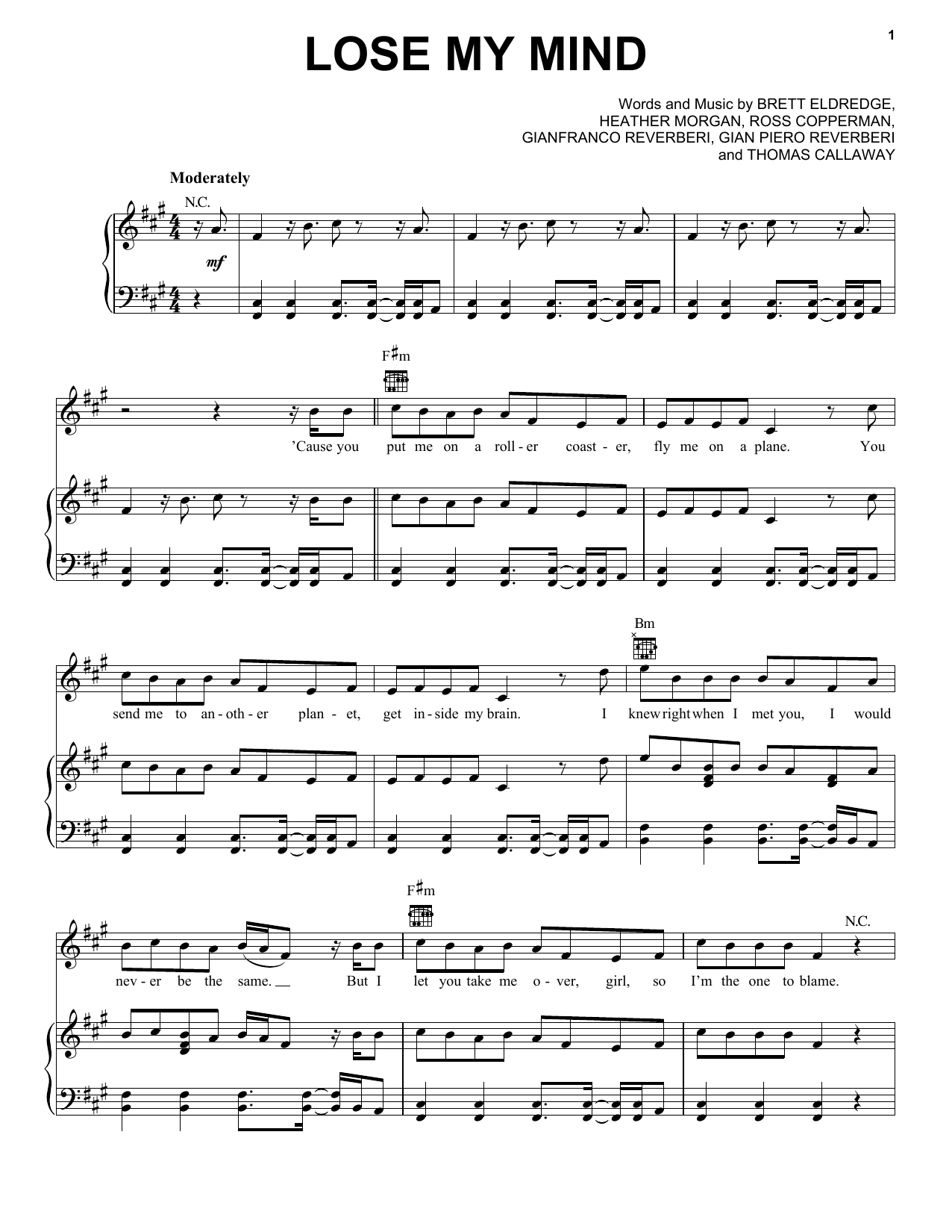 Brett Eldredge Lose My Mind Sheet Music Notes & Chords for Piano, Vocal & Guitar (Right-Hand Melody) - Download or Print PDF