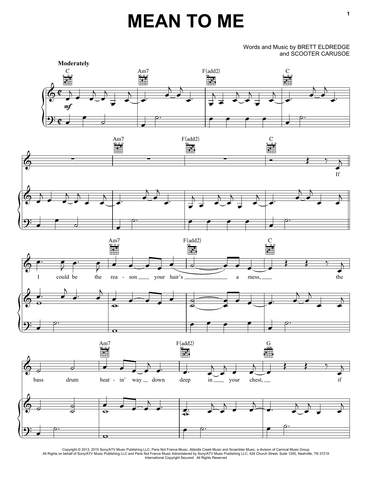 Brett Eldredge Mean To Me Sheet Music Notes & Chords for Piano, Vocal & Guitar (Right-Hand Melody) - Download or Print PDF