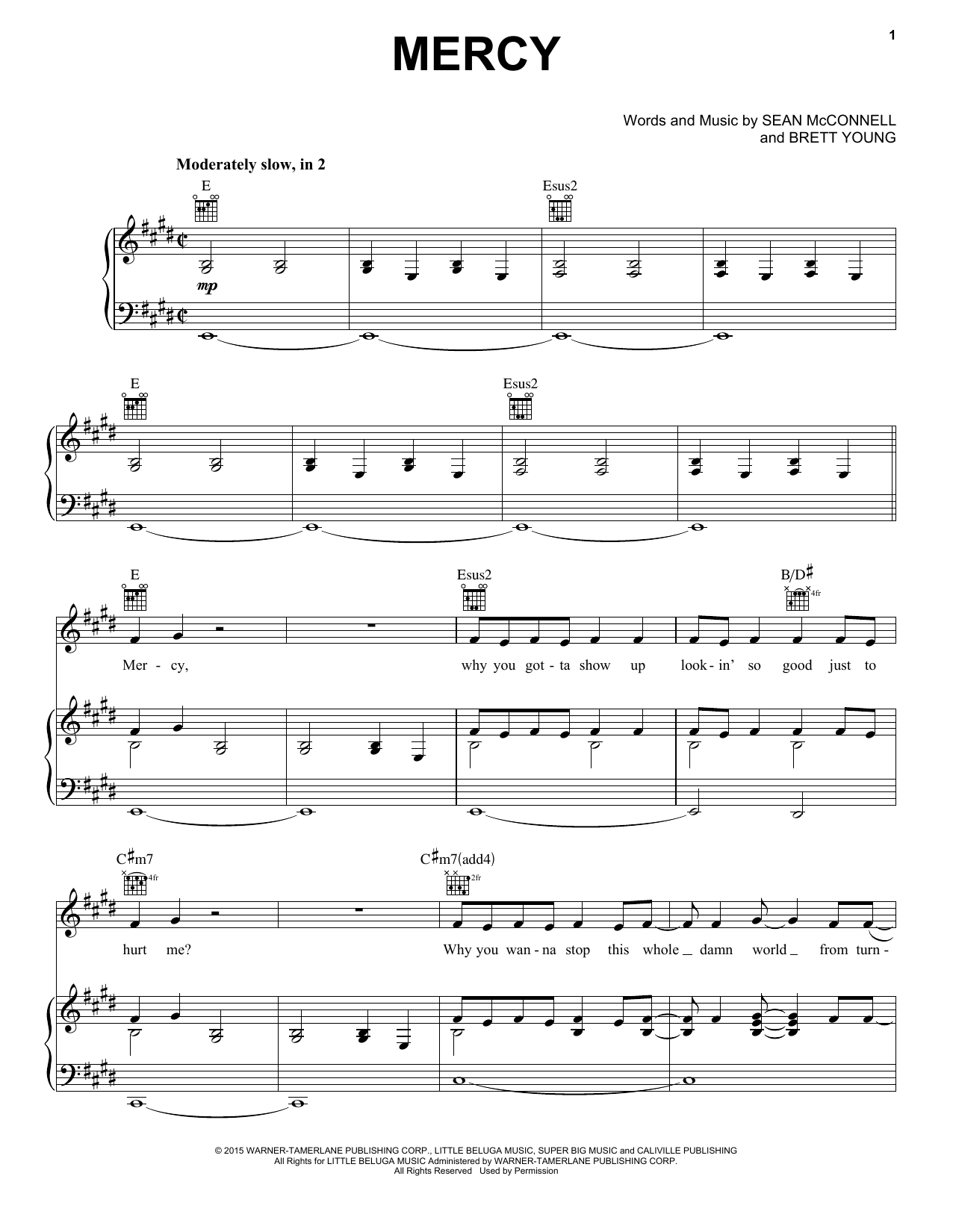 Brett Young Mercy Sheet Music Notes & Chords for Piano, Vocal & Guitar (Right-Hand Melody) - Download or Print PDF