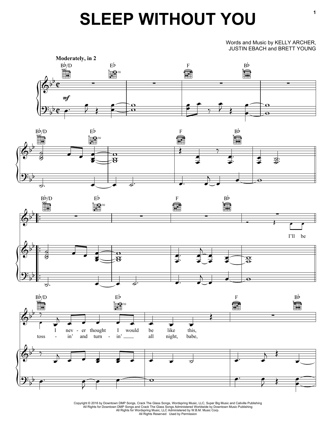 Brett Young Sleep Without You Sheet Music Notes & Chords for Piano, Vocal & Guitar (Right-Hand Melody) - Download or Print PDF