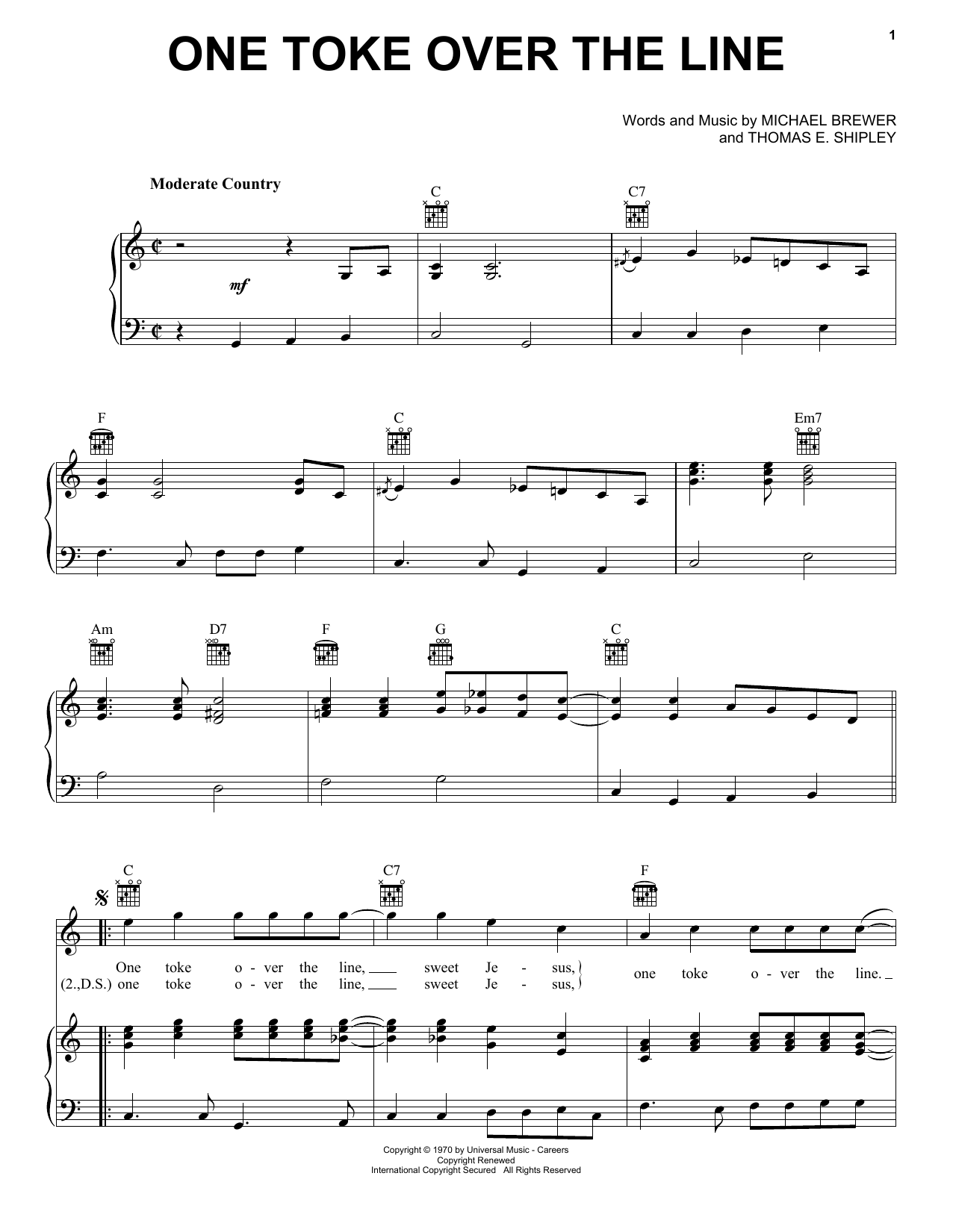 Brewer & Shipley One Toke Over The Line Sheet Music Notes & Chords for Piano, Vocal & Guitar (Right-Hand Melody) - Download or Print PDF