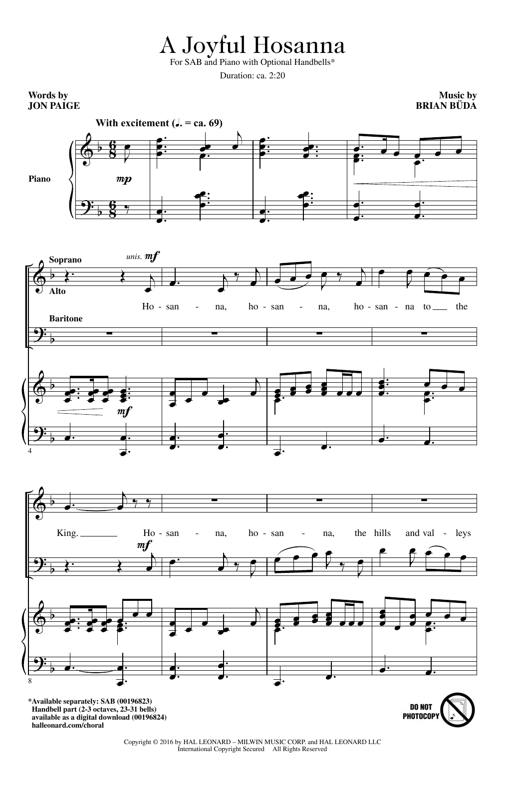 Brian Buda A Joyful Hosanna Sheet Music Notes & Chords for SAB - Download or Print PDF