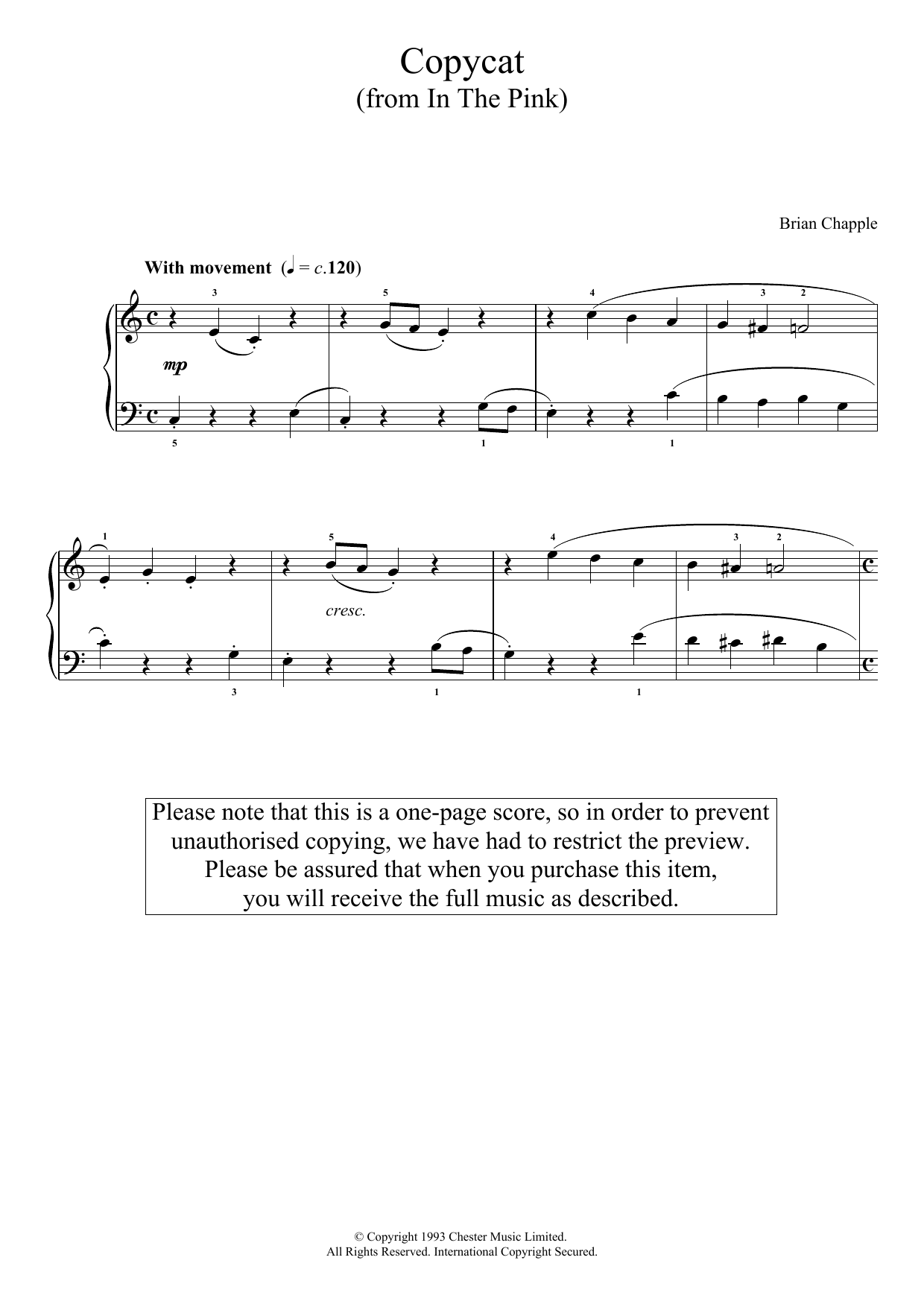 Brian Chapple Copycat (from In The Pink) Sheet Music Notes & Chords for Piano - Download or Print PDF