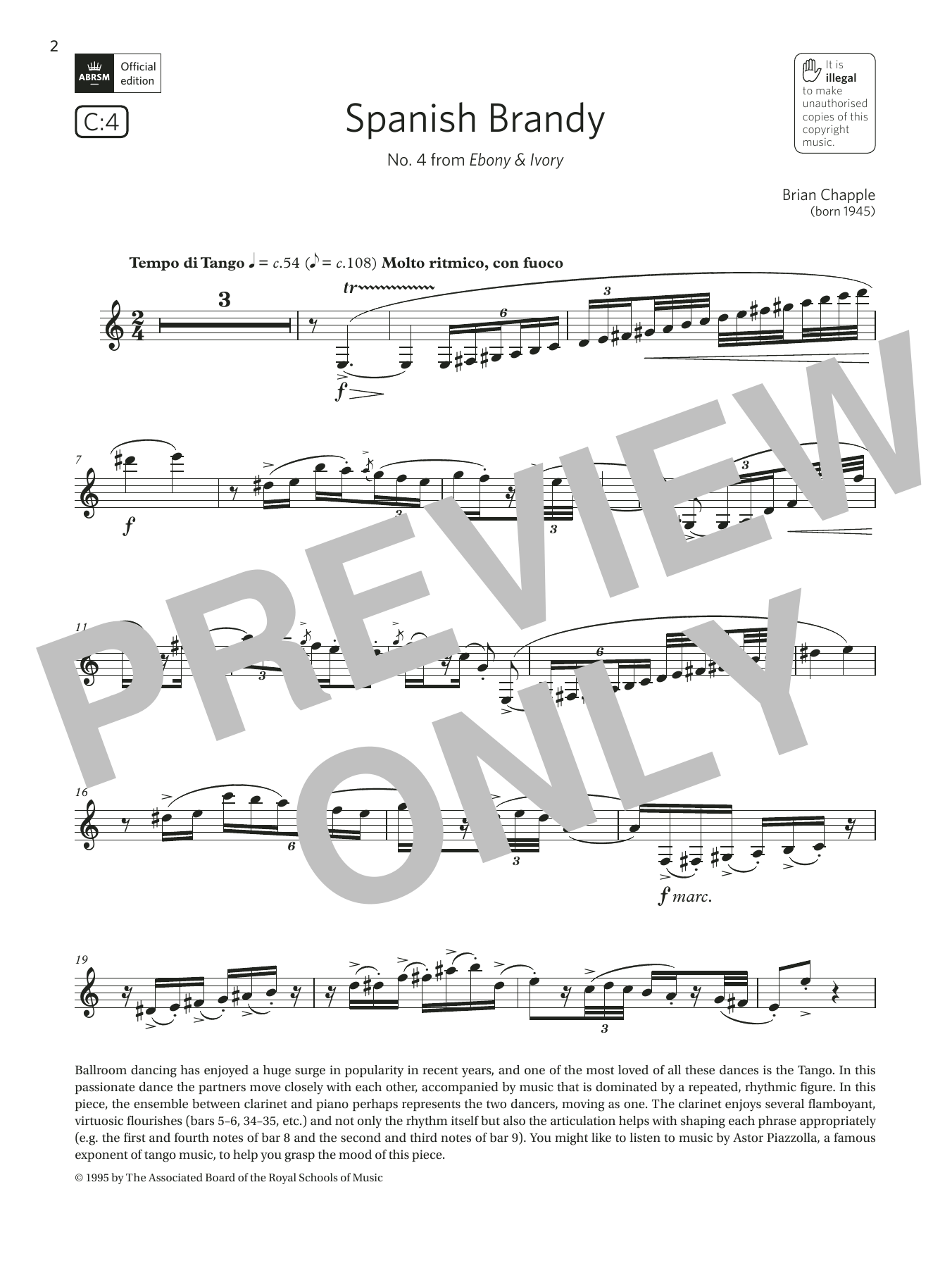 Brian Chapple Spanish Brandy (No4 from Ebony & Ivory)(Grade 6 List C4 from the ABRSM Clarinet syllabus from 2022) Sheet Music Notes & Chords for Clarinet Solo - Download or Print PDF Brian Chapple Spanish Brandy (No4 from Ebony & Ivory)(Grade 6 List C4 from the ABRSM Clarinet syllabus from 2022) Sheet Music Notes & Chords for Clarinet Solo - Download or Print PDF