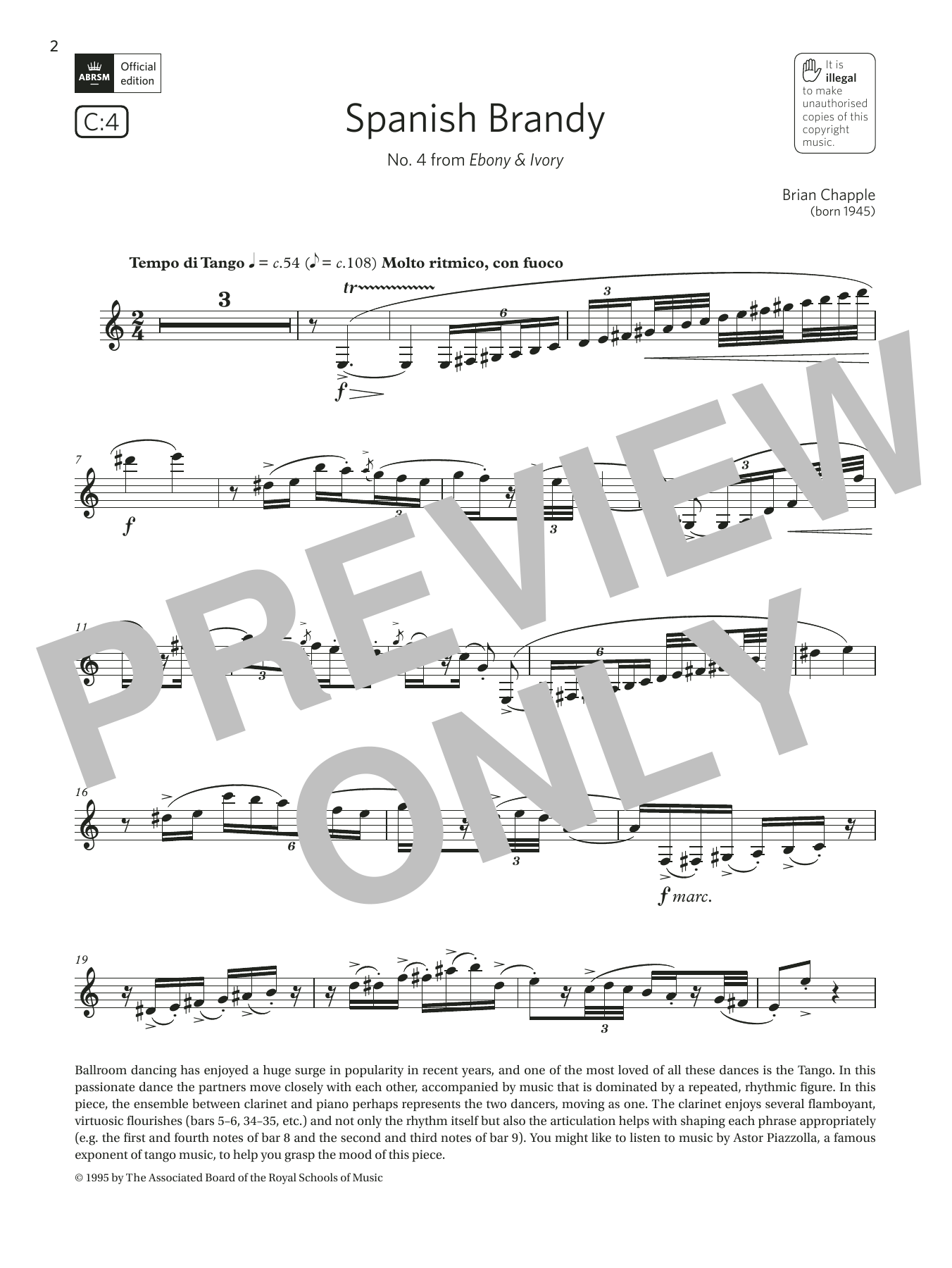 Brian Chapple Spanish Brandy (No4 from Ebony & Ivory)(Grade 6 List C4 from the ABRSM Clarinet syllabus from 2022) Sheet Music Notes & Chords for Clarinet Solo - Download or Print PDF