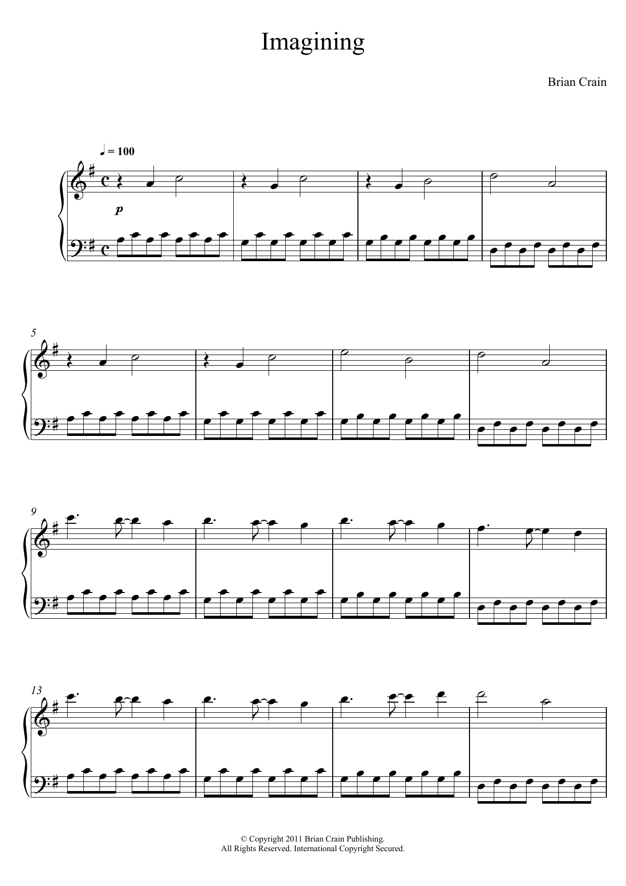 Brian Crain Imagining Sheet Music Notes & Chords for Piano - Download or Print PDF
