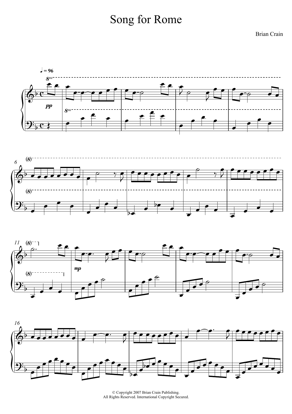 Brian Crain Song For Rome Sheet Music Notes & Chords for Piano - Download or Print PDF