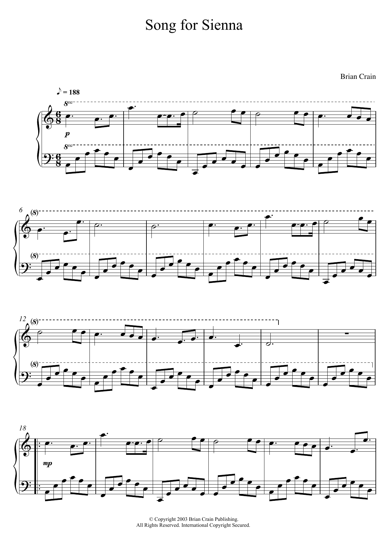 Brian Crain Song For Sienna Sheet Music Notes & Chords for Piano Solo - Download or Print PDF