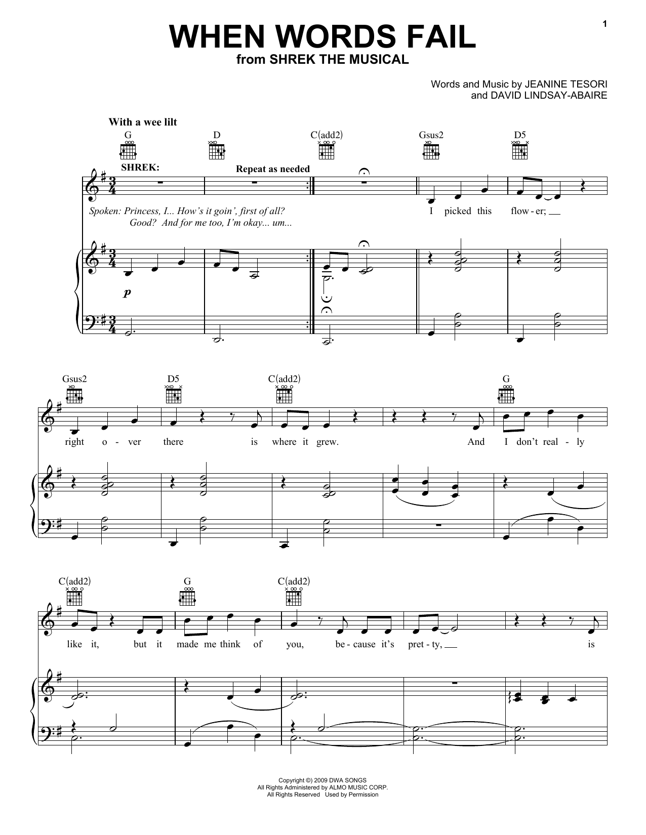 Brian d'Arcy James When Words Fail (from Shrek The Musical) Sheet Music Notes & Chords for Vocal Pro + Piano/Guitar - Download or Print PDF