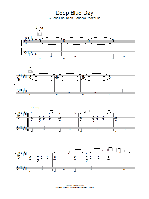 Brian Eno Deep Blue Day Sheet Music Notes & Chords for Piano, Vocal & Guitar (Right-Hand Melody) - Download or Print PDF