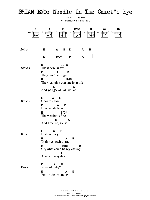 Brian Eno Needle In The Camel's Eye Sheet Music Notes & Chords for Lyrics & Chords - Download or Print PDF