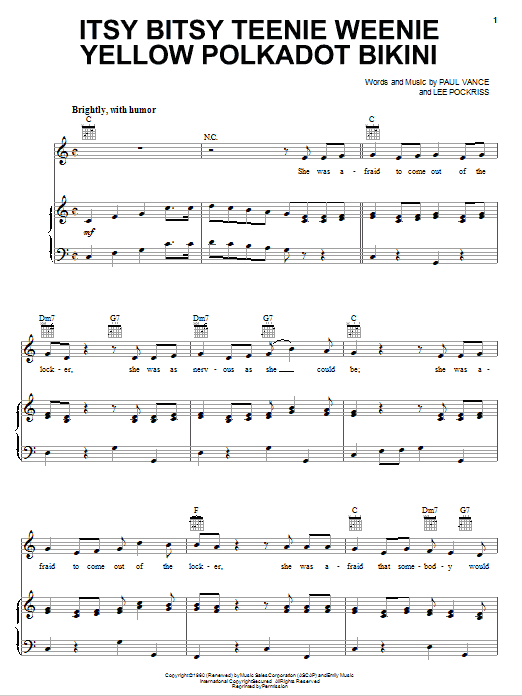 Brian Hyland Itsy Bitsy Teenie Weenie Yellow Polkadot Bikini sheet music notes and chords. Download Printable PDF.
