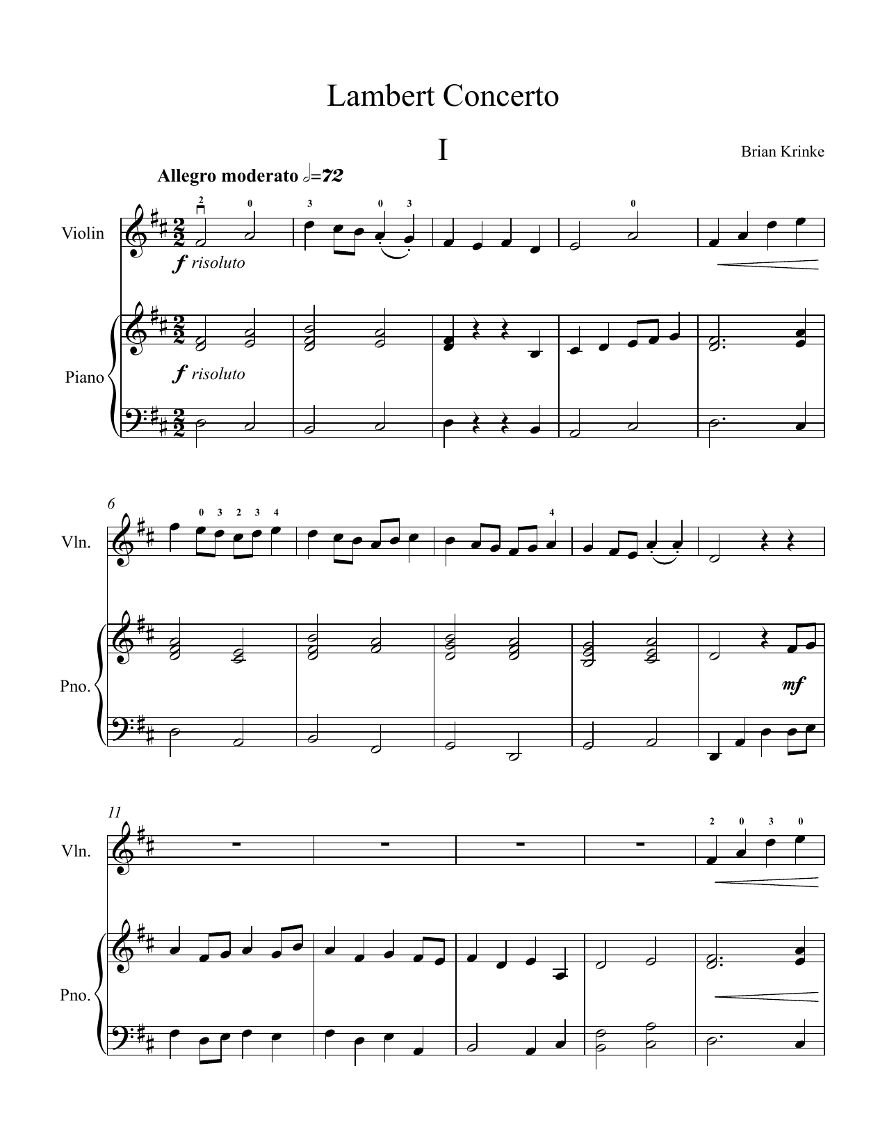 Brian Krinke Lambert Concerto (Violin and piano reduction) Sheet Music Notes & Chords for Violin Solo - Download or Print PDF