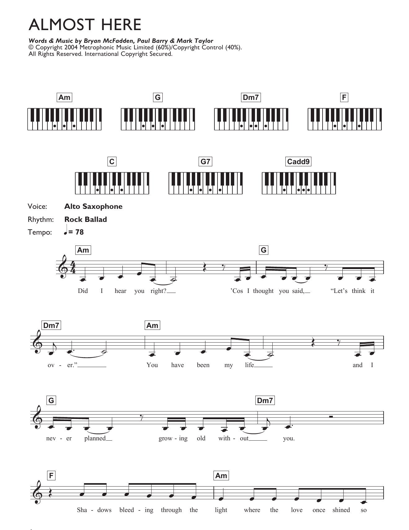 Brian McFadden Almost Here Sheet Music Notes & Chords for Piano Chords/Lyrics - Download or Print PDF