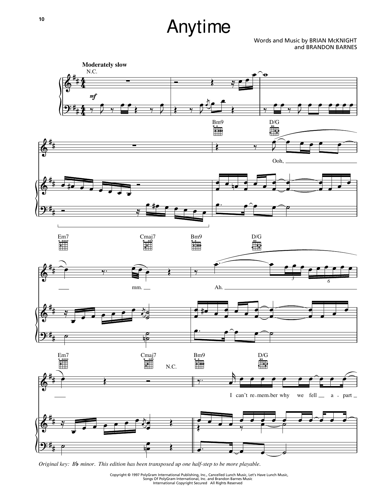 Brian McKnight Anytime Sheet Music Notes & Chords for Piano, Vocal & Guitar Chords (Right-Hand Melody) - Download or Print PDF Brian McKnight Anytime Sheet Music Notes & Chords for Piano, Vocal & Guitar Chords (Right-Hand Melody) - Download or Print PDF