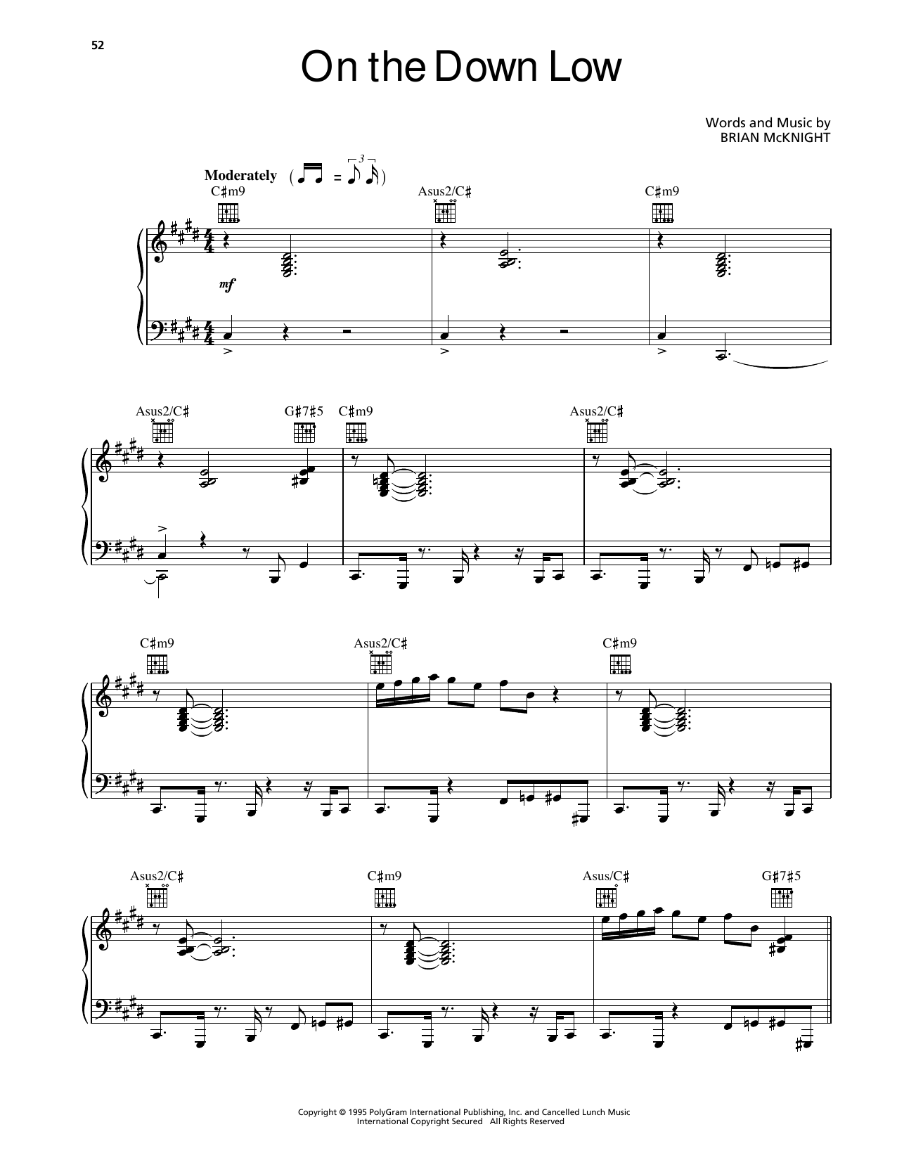 Brian McKnight On The Down Low Sheet Music Notes & Chords for Piano, Vocal & Guitar Chords (Right-Hand Melody) - Download or Print PDF