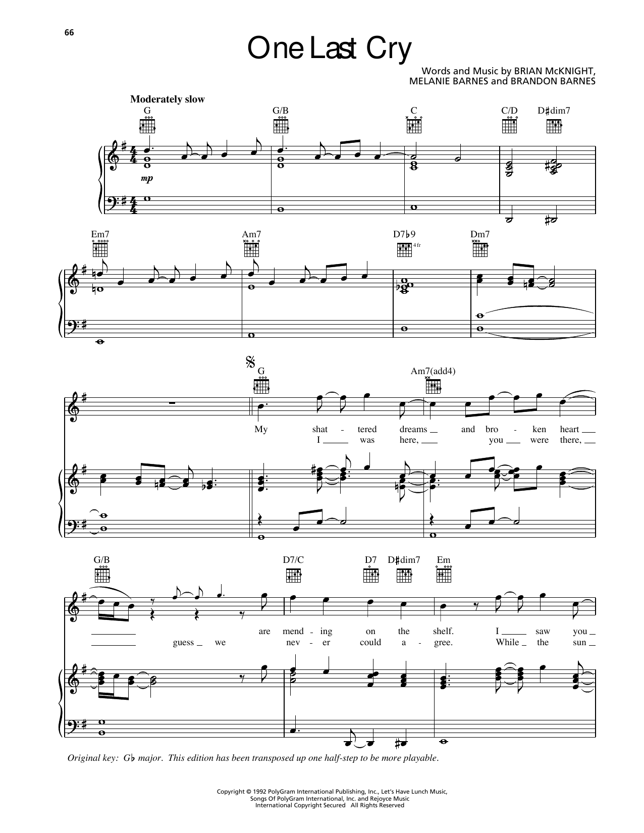 Brian McKnight One Last Cry Sheet Music Notes & Chords for Piano, Vocal & Guitar Chords (Right-Hand Melody) - Download or Print PDF