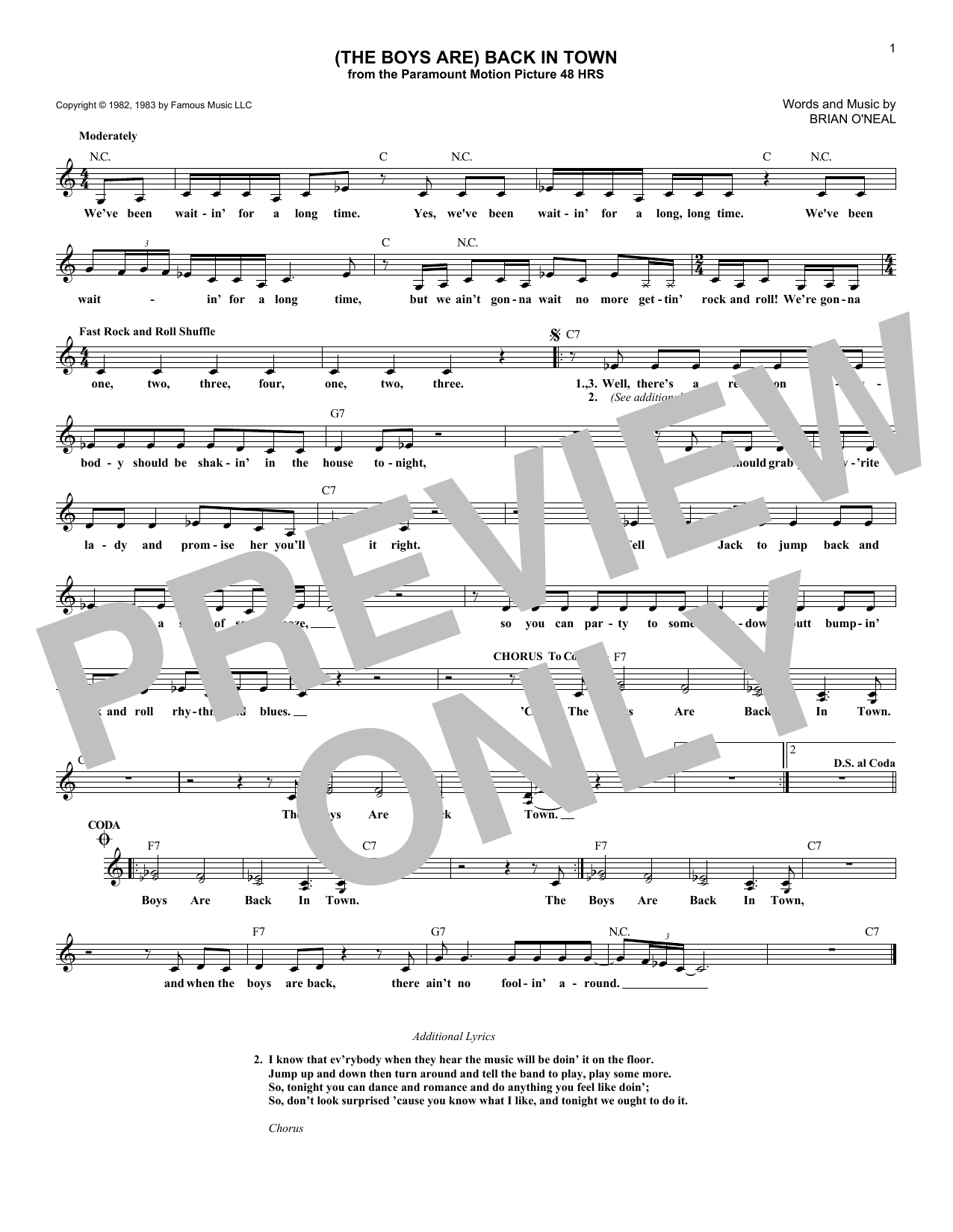 Brian O'Neal (The Boys Are) Back In Town Sheet Music Notes & Chords for Melody Line, Lyrics & Chords - Download or Print PDF