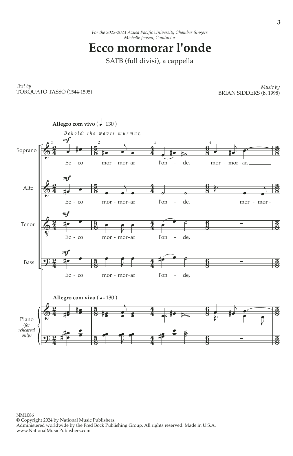 Brian Sidders Ecco mormorar l'onde Sheet Music Notes & Chords for SATB Choir - Download or Print PDF