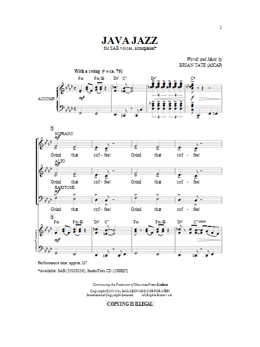 Brian Tate Java Jazz Sheet Music Notes & Chords for SAB - Download or Print PDF