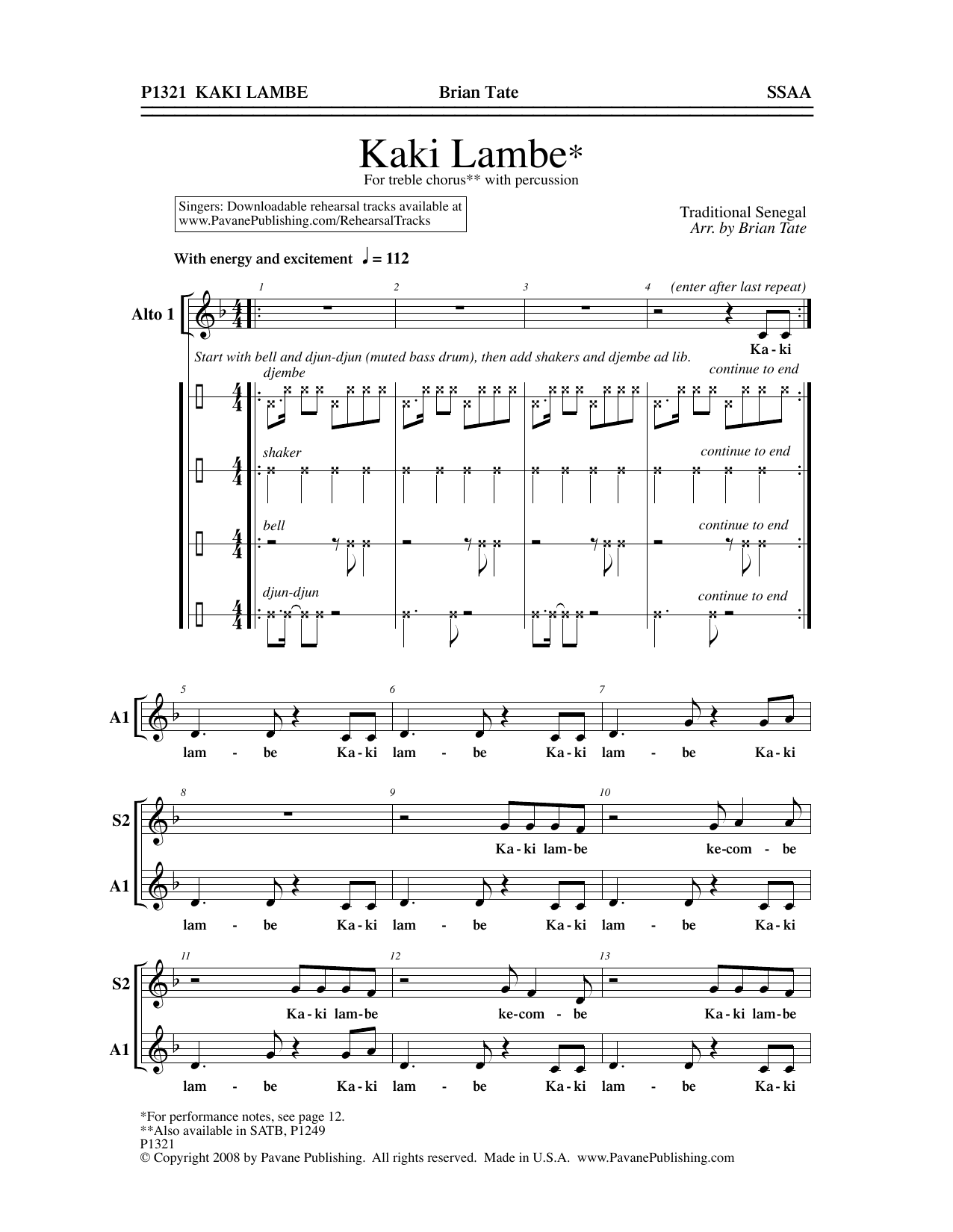 Brian Tate Kaki Lambe Sheet Music Notes & Chords for SSA Choir - Download or Print PDF