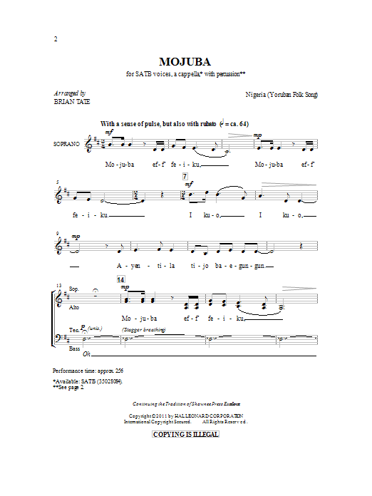 Brian Tate Mojuba Sheet Music Notes & Chords for SATB - Download or Print PDF