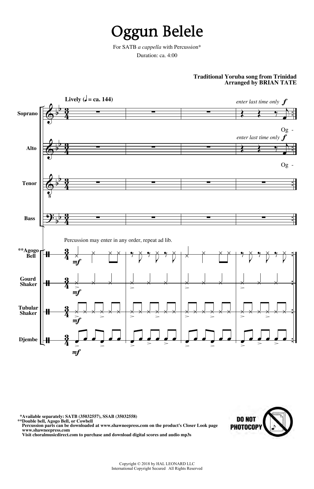 Brian Tate Oggun Belele Sheet Music Notes & Chords for SATB Choir - Download or Print PDF