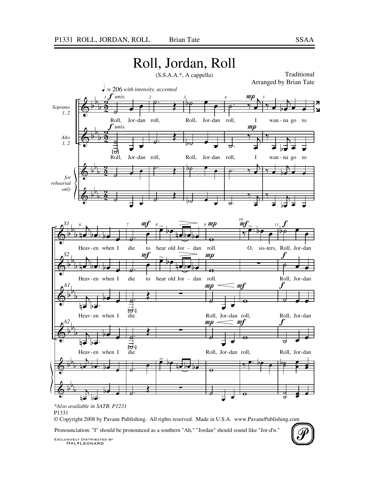 Brian Tate Roll, Jordan, Roll Sheet Music Notes & Chords for SSA Choir - Download or Print PDF