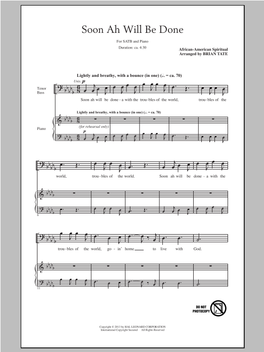 Brian Tate Soon Ah Will Be Done Sheet Music Notes & Chords for SATB - Download or Print PDF