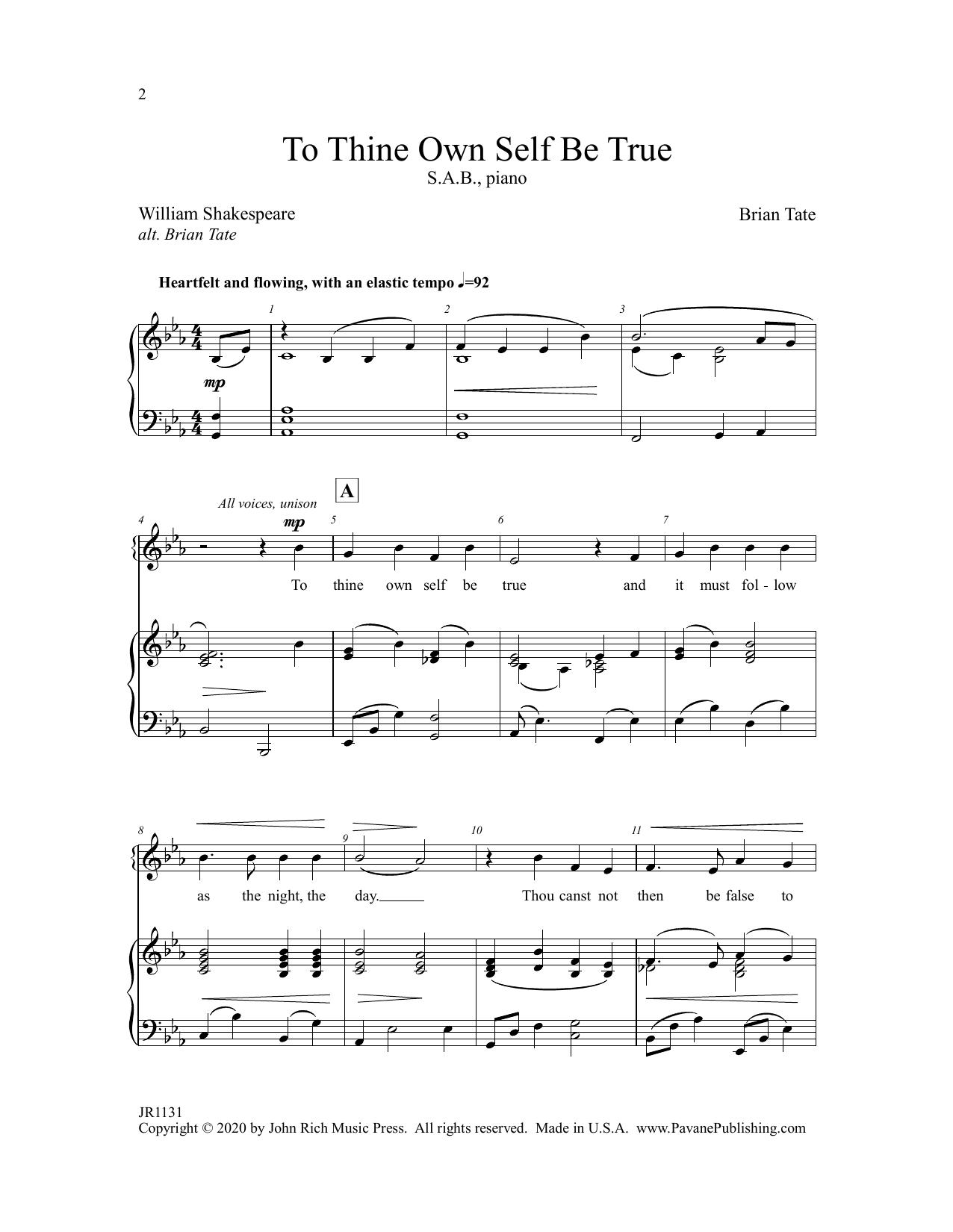 Brian Tate To Thine Own Self Be True Sheet Music Notes & Chords for SAB Choir - Download or Print PDF