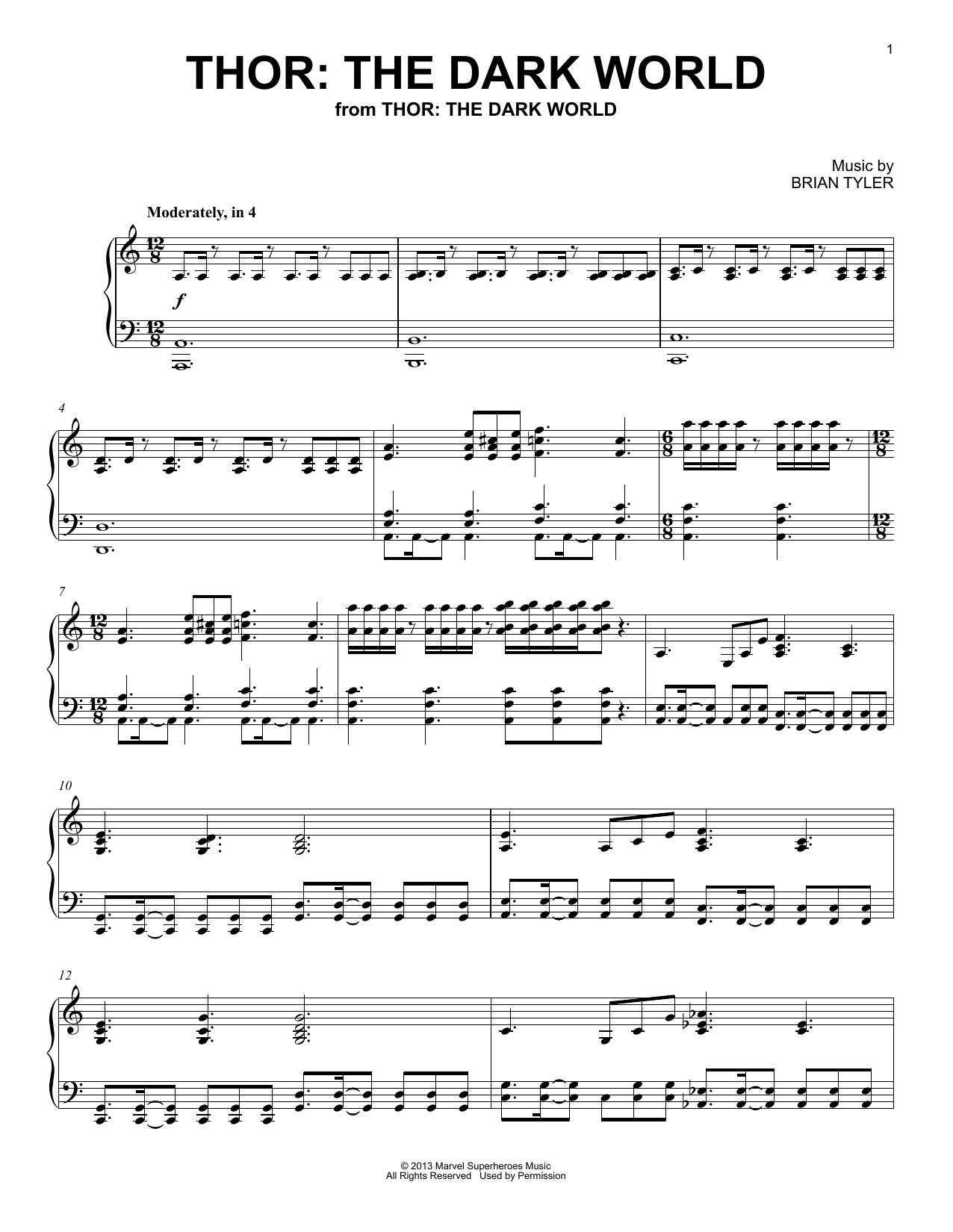 Brian Tyler Thor: The Dark World Sheet Music Notes & Chords for Piano Solo - Download or Print PDF