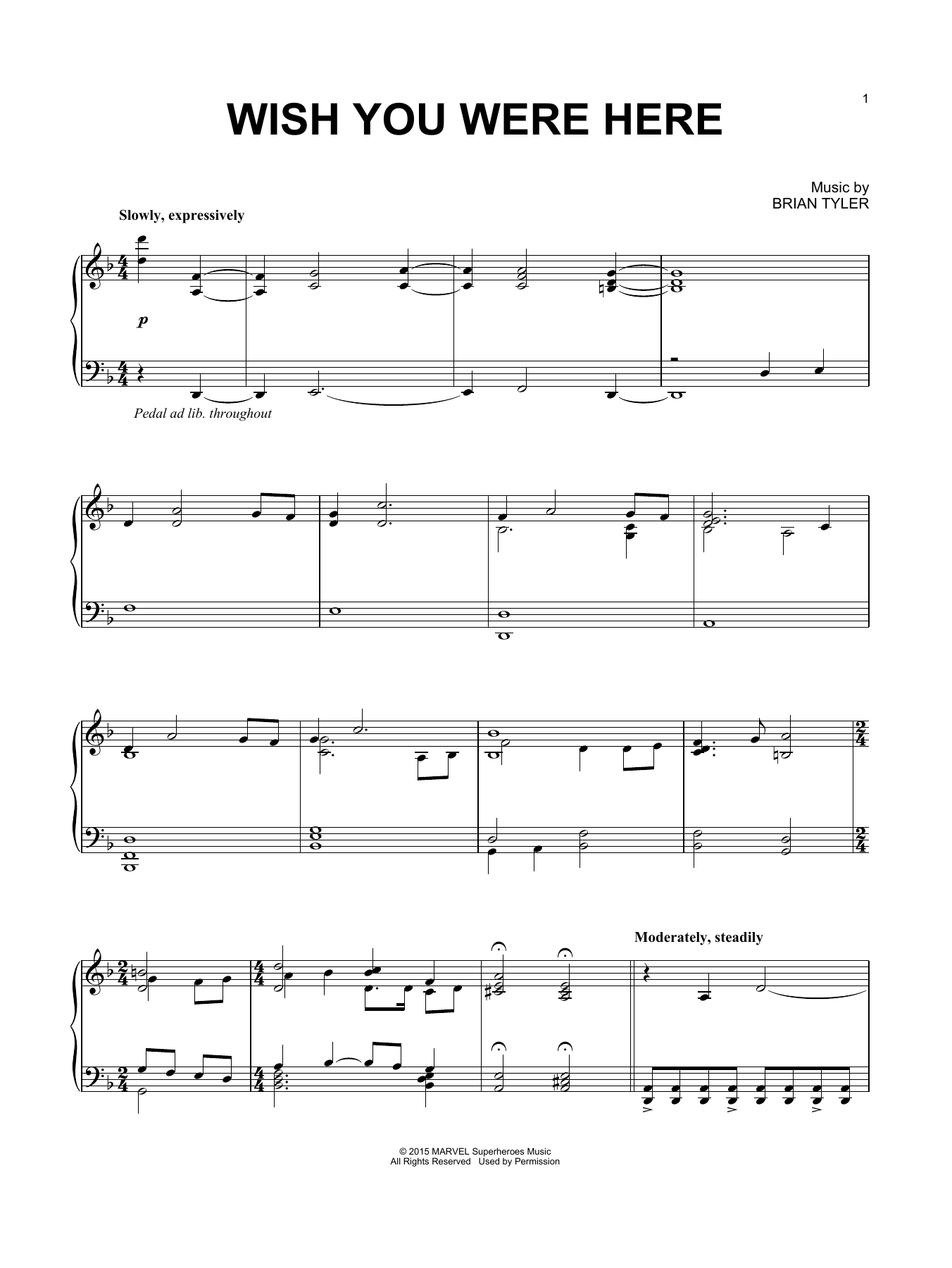 Brian Tyler Wish You Were Here Sheet Music Notes & Chords for Piano - Download or Print PDF