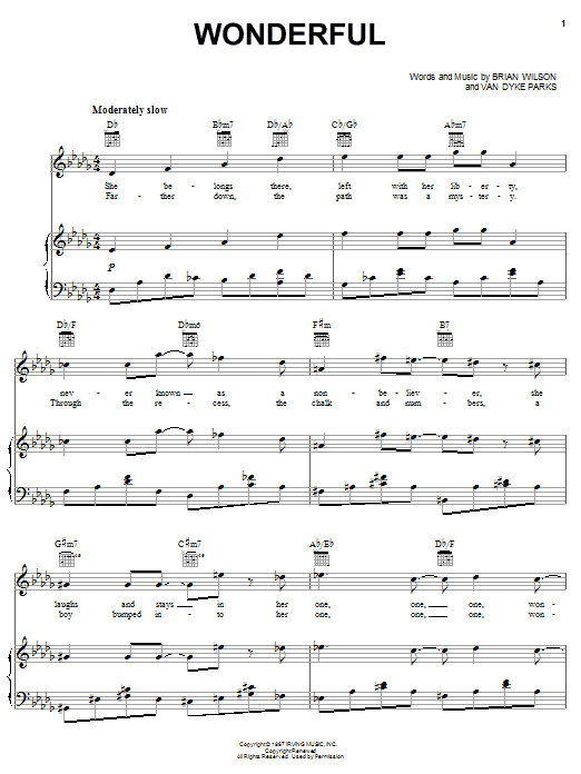 Brian Wilson Wonderful Sheet Music Notes & Chords for Piano, Vocal & Guitar (Right-Hand Melody) - Download or Print PDF