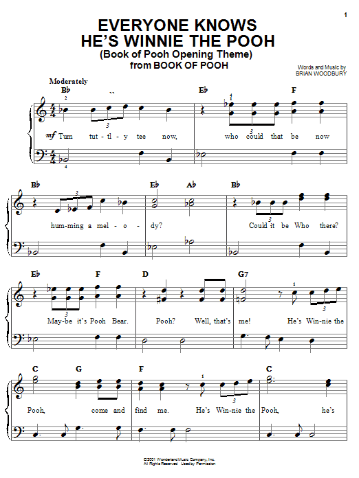 Brian Woodbury Everyone Knows He's Winnie The Pooh (Book Of Pooh Opening Theme) Sheet Music Notes & Chords for Easy Piano - Download or Print PDF