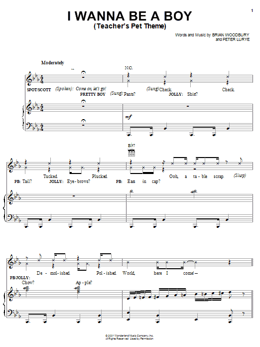 Brian Woodbury I Wanna Be A Boy (Teacher's Pet Theme) Sheet Music Notes & Chords for Piano, Vocal & Guitar (Right-Hand Melody) - Download or Print PDF