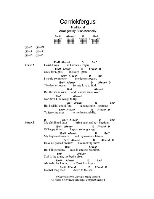 Brian Kennedy Carrickfergus Sheet Music Notes & Chords for Lyrics & Chords - Download or Print PDF