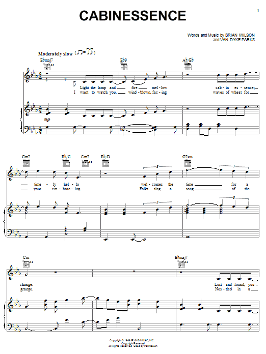 Preview Brian Wilson Cabinessence Pop sheet music, notes and chords for Piano, Vocal & Guitar (Right-Hand Melody), SKU: 50105 Cabinessence sheet music