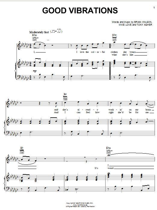 Preview Brian Wilson Good Vibrations Rock sheet music, notes and chords for Piano, Vocal & Guitar (Right-Hand Melody), SKU: 50141 Good Vibrations sheet music