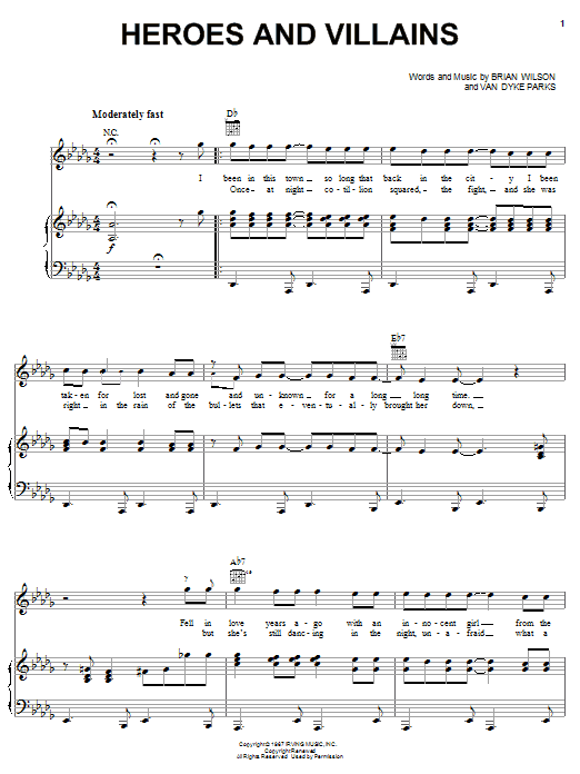Preview Brian Wilson Heroes And Villains Rock sheet music, notes and chords for Piano, Vocal & Guitar (Right-Hand Melody), SKU: 50149 Heroes And Villains sheet music