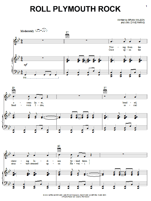 Preview Brian Wilson Roll Plymouth Rock Pop sheet music, notes and chords for Piano, Vocal & Guitar (Right-Hand Melody), SKU: 50091 Roll Plymouth Rock sheet music