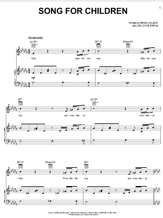 Preview Brian Wilson Song For Children Pop sheet music, notes and chords for Piano, Vocal & Guitar (Right-Hand Melody), SKU: 50115 Song For Children sheet music