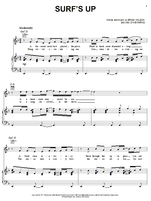 Preview Brian Wilson Surf's Up Rock sheet music, notes and chords for Piano, Vocal & Guitar (Right-Hand Melody), SKU: 50133 Surf's Up sheet music