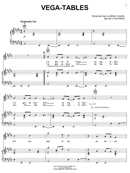 Preview Brian Wilson Vega-Tables Pop sheet music, notes and chords for Piano, Vocal & Guitar (Right-Hand Melody), SKU: 50097 Vega-Tables sheet music